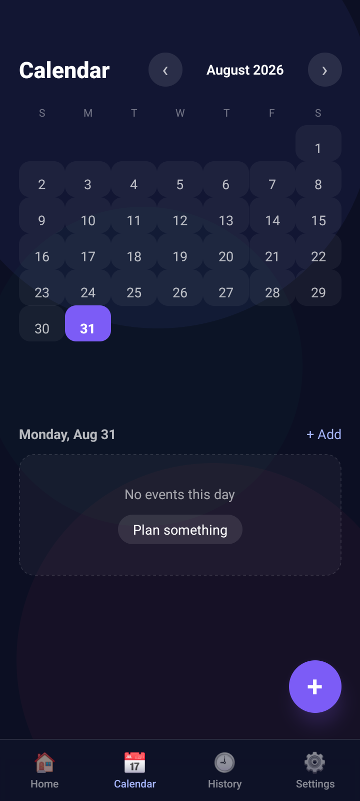 Pure Event Planner calendar screen