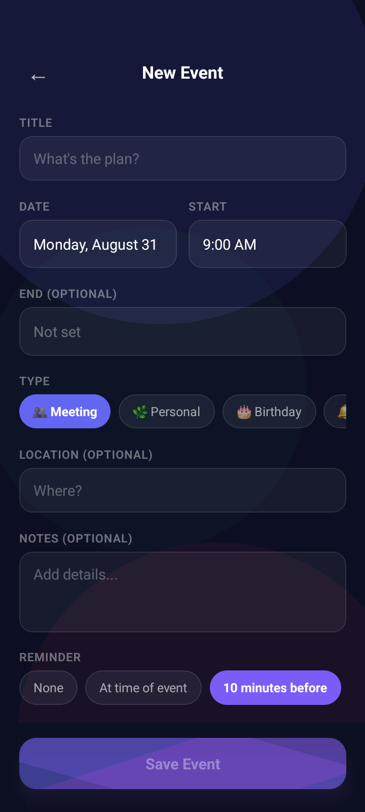 Pure Event Planner new event screen